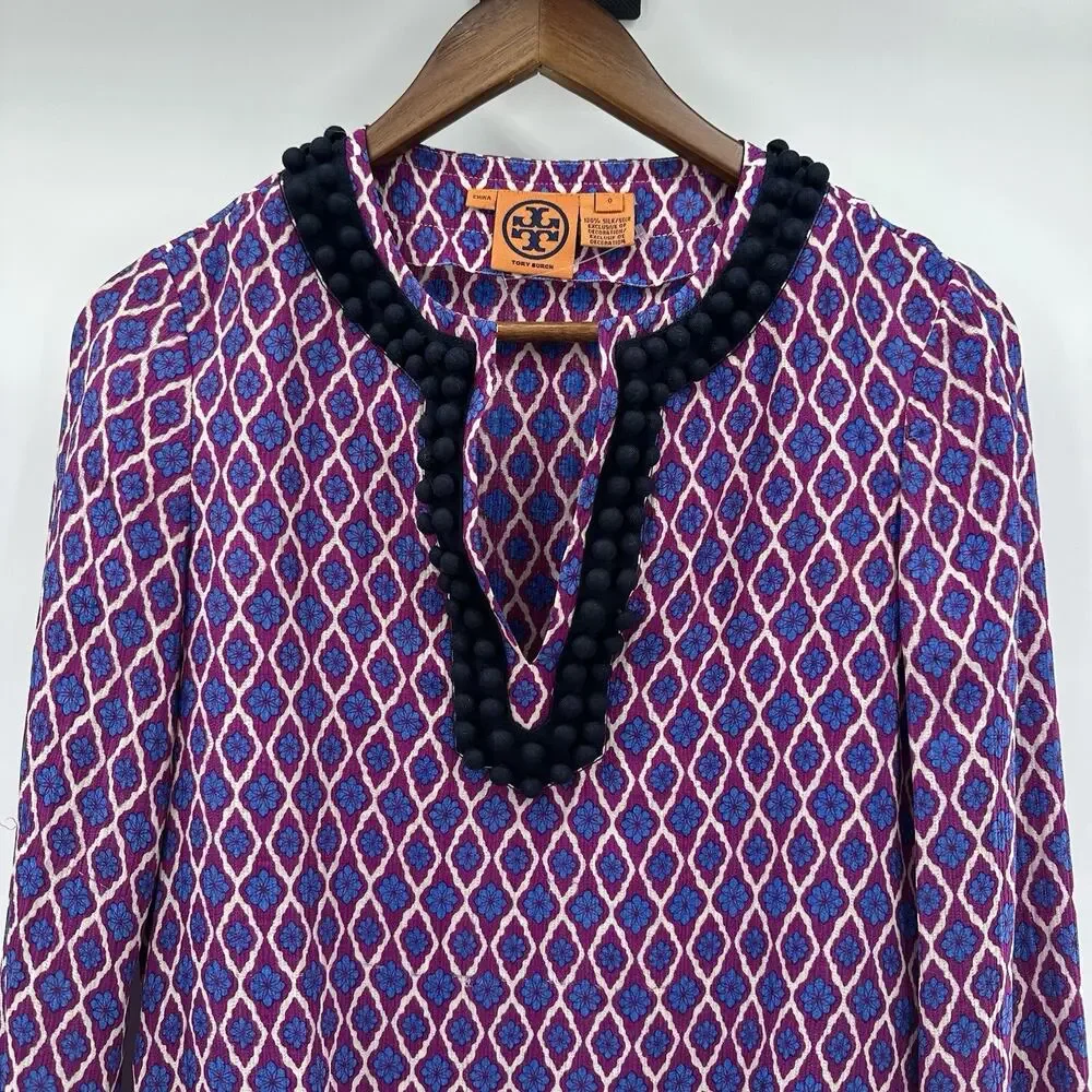 Tory‎ Burch Top Blouse Womens 0 Purple Bubble Tunic Floral Geometric Long